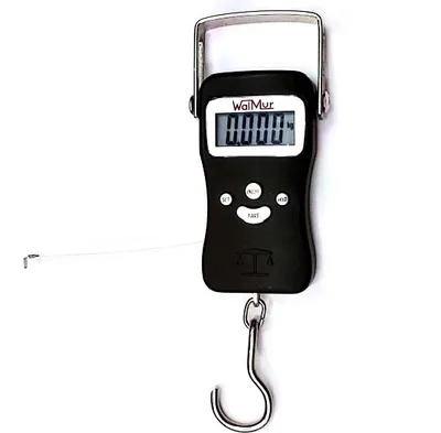 Balanza portátil de colgar, electrónica. Capacidad 50 Kg., cinta métrica.