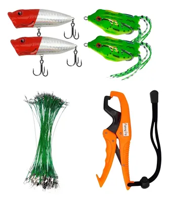 Kit 2 Señuelos Popper + 2 Antienganche + Pinza + 5 Lingas