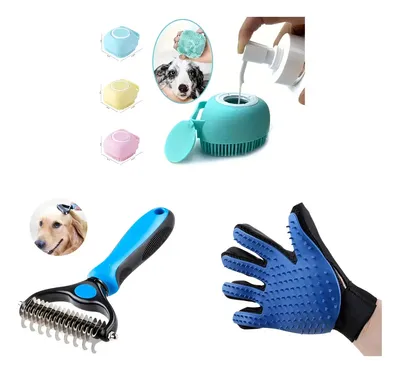 Kit Mascotas 1 Cepillo De Baño + 1 Cepillo De Pelo + Guante